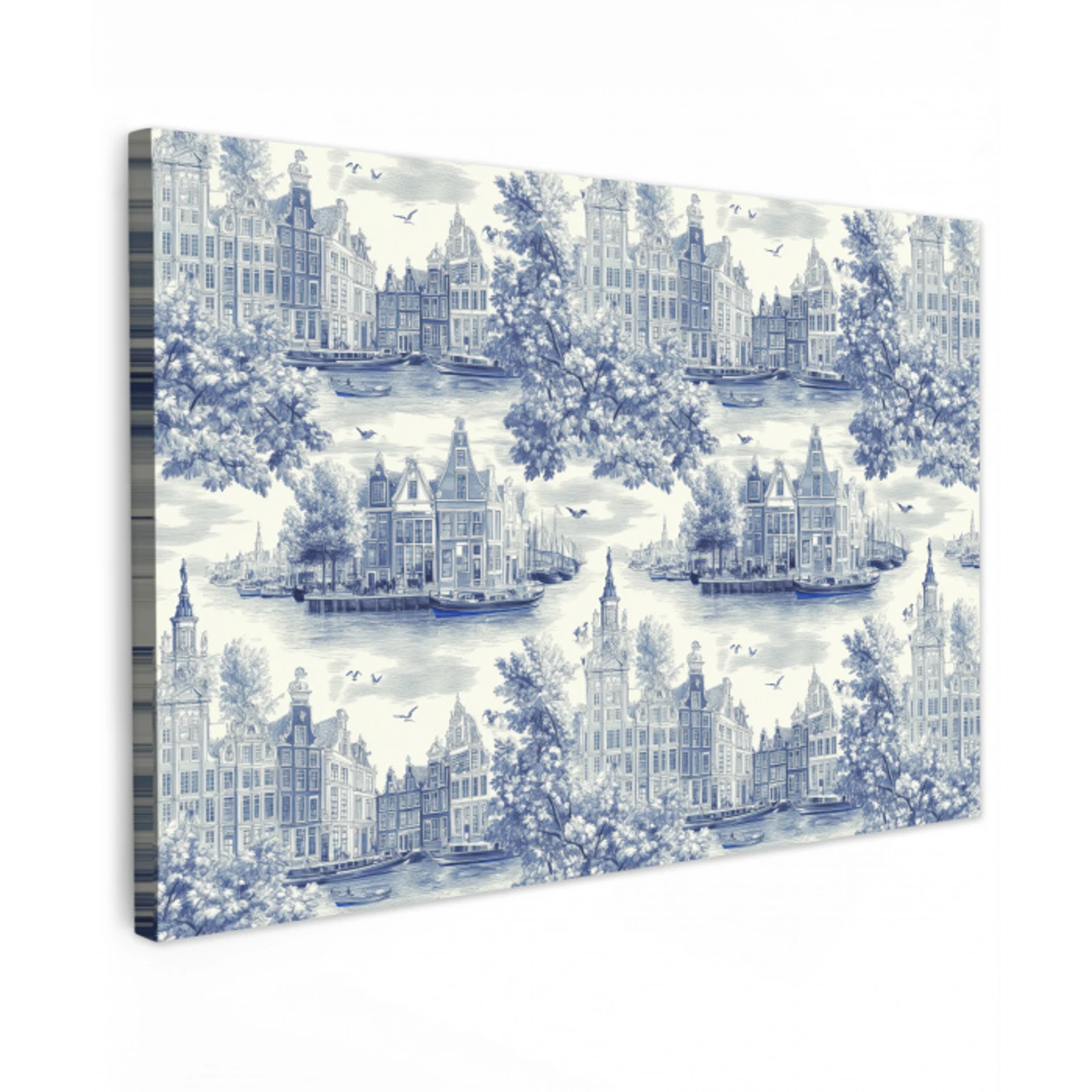 Huizen - Bomen - Water - Vogels - Blauw Tuinposter op houten frame 2 cm dik klein 845 -3d