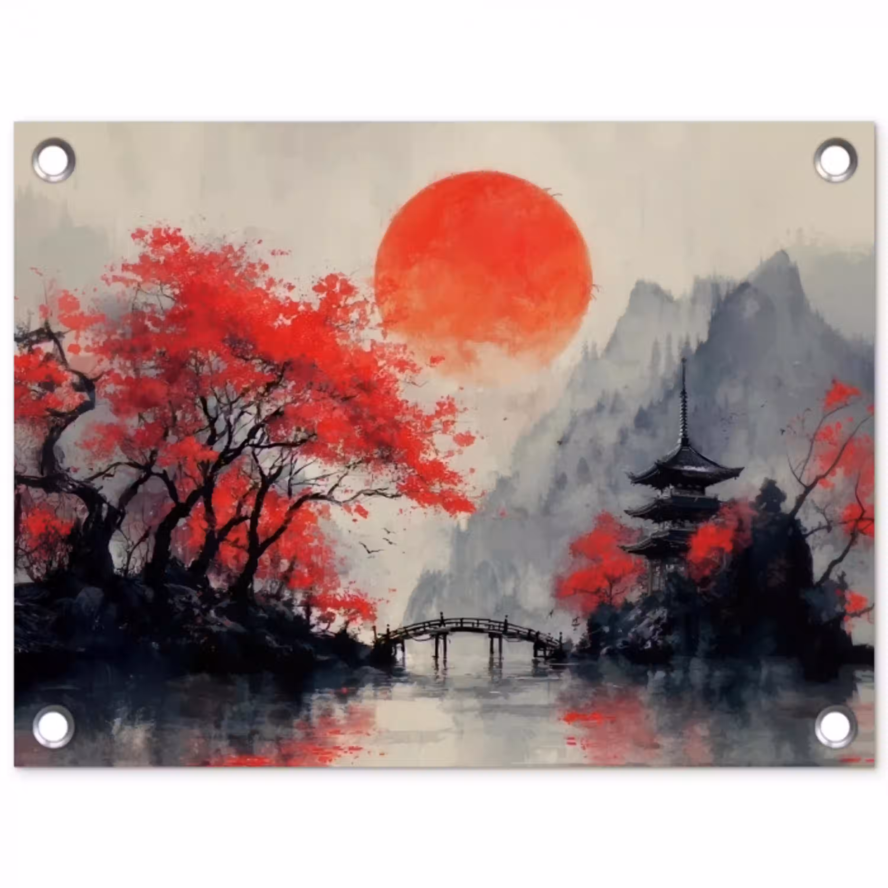 Rode zon - Rivier - brug - Bomen tuinposter los doek klein -3d