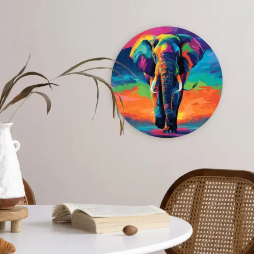 Olifant - Kleurrijk - Lucht - Abstract Wandcirkel kunststof plaat 5mm dik klein -sfeer4