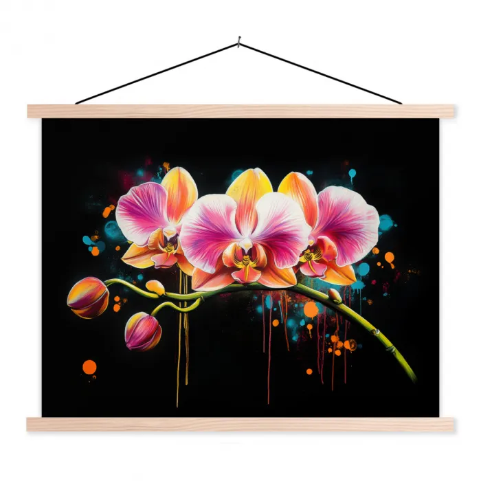 Orchidee - Graffiti - Kleurrijk - Bloemen - Abstract textielposter latten blank klein -3d