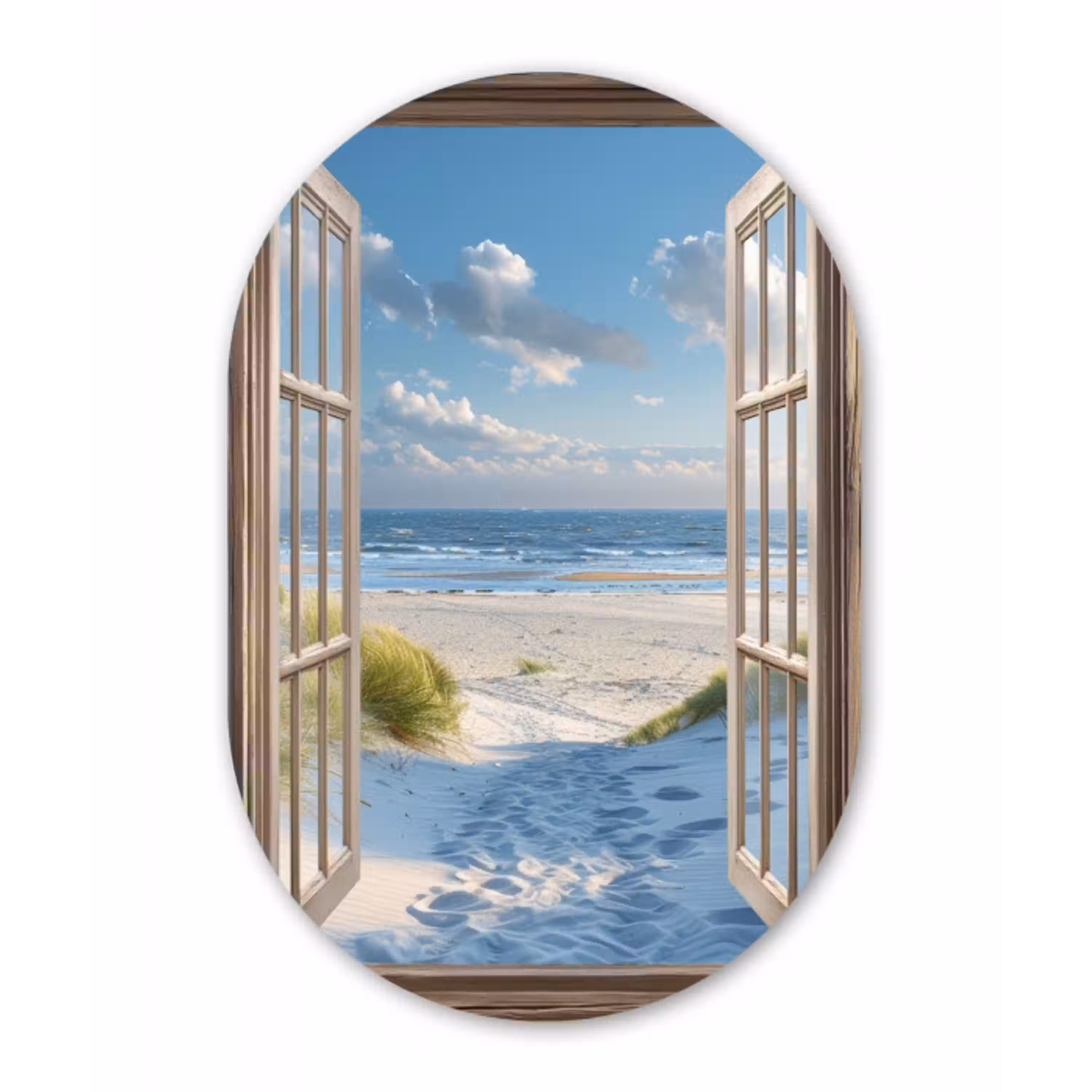 Doorkijk - Strand - Raam - Duinen - Zee Wandcirkel Ovaal Glas middel -3d