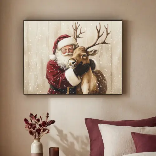 Kerstman - Rendier - Sneeuw - Kleurrijk Textielframe zwart klein -sfeer1
