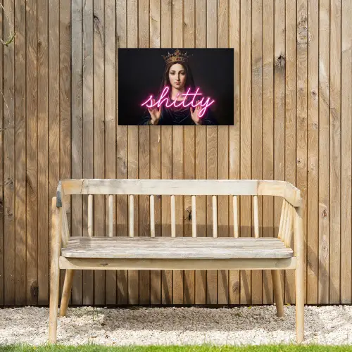 Ironisch - Tekst - Neon Tuinposter op houten frame 2 cm dik klein -sfeer4