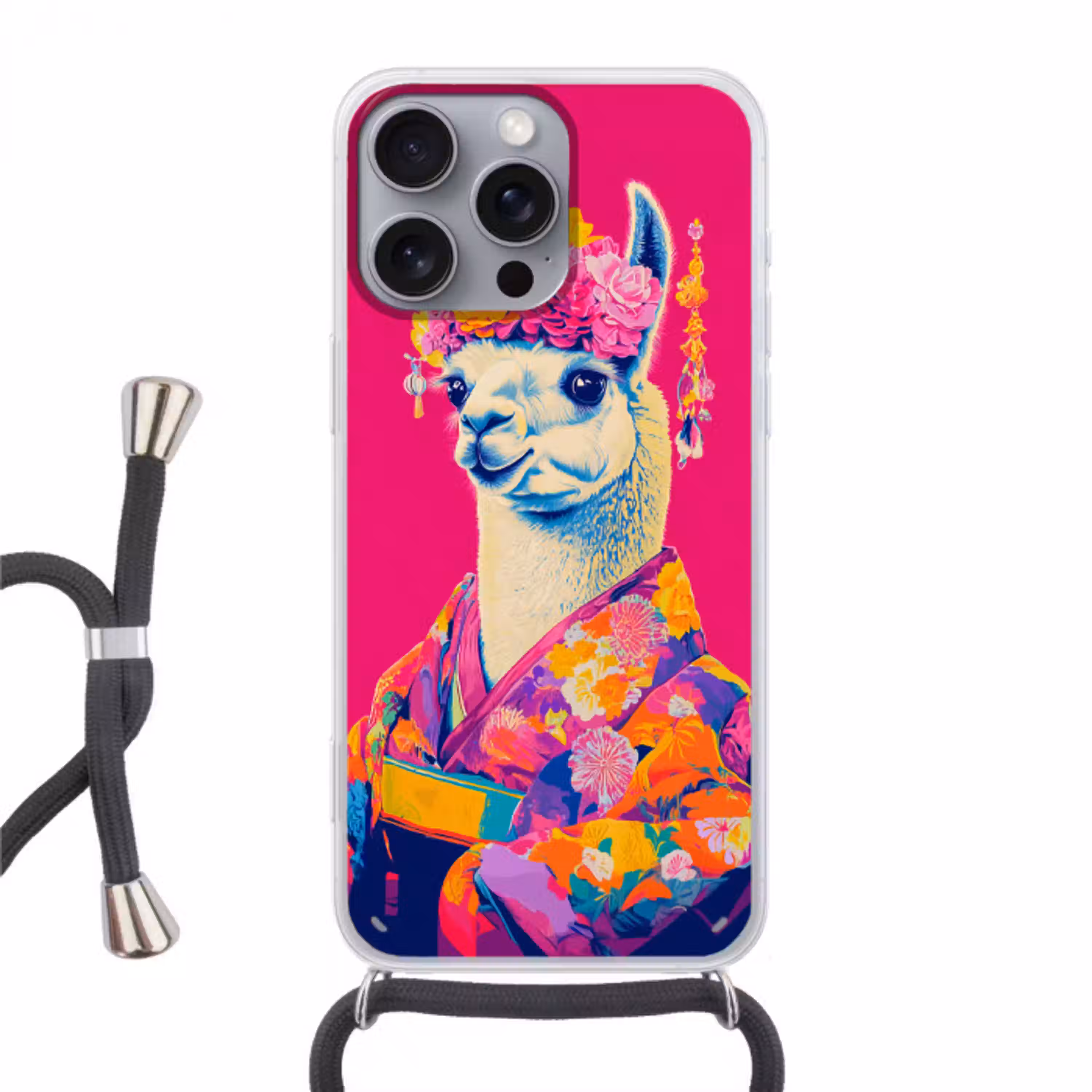 Lama - Kimono - Bloemenkrans - Felroze Hoesje iPhone 16 Pro Max met koord klein -3d