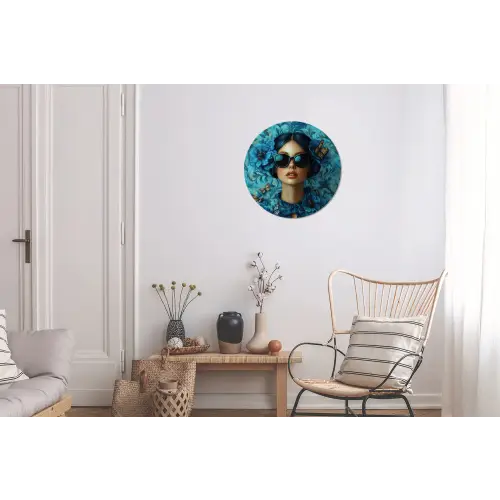 Vrouw - Bloemen - Vlinders - Blauw - Abstract Wandcirkel aluminium klein -woonkamer