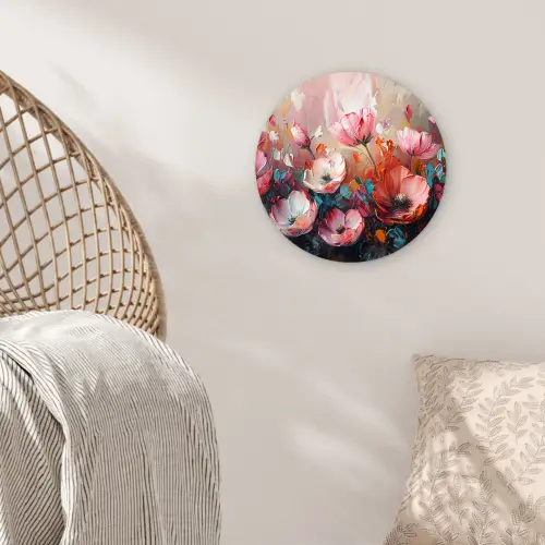 Klaprozen - Roze - Bloemen - Botanisch - Kunst Wandcirkel kunststof plaat 5mm dik klein -sfeer5