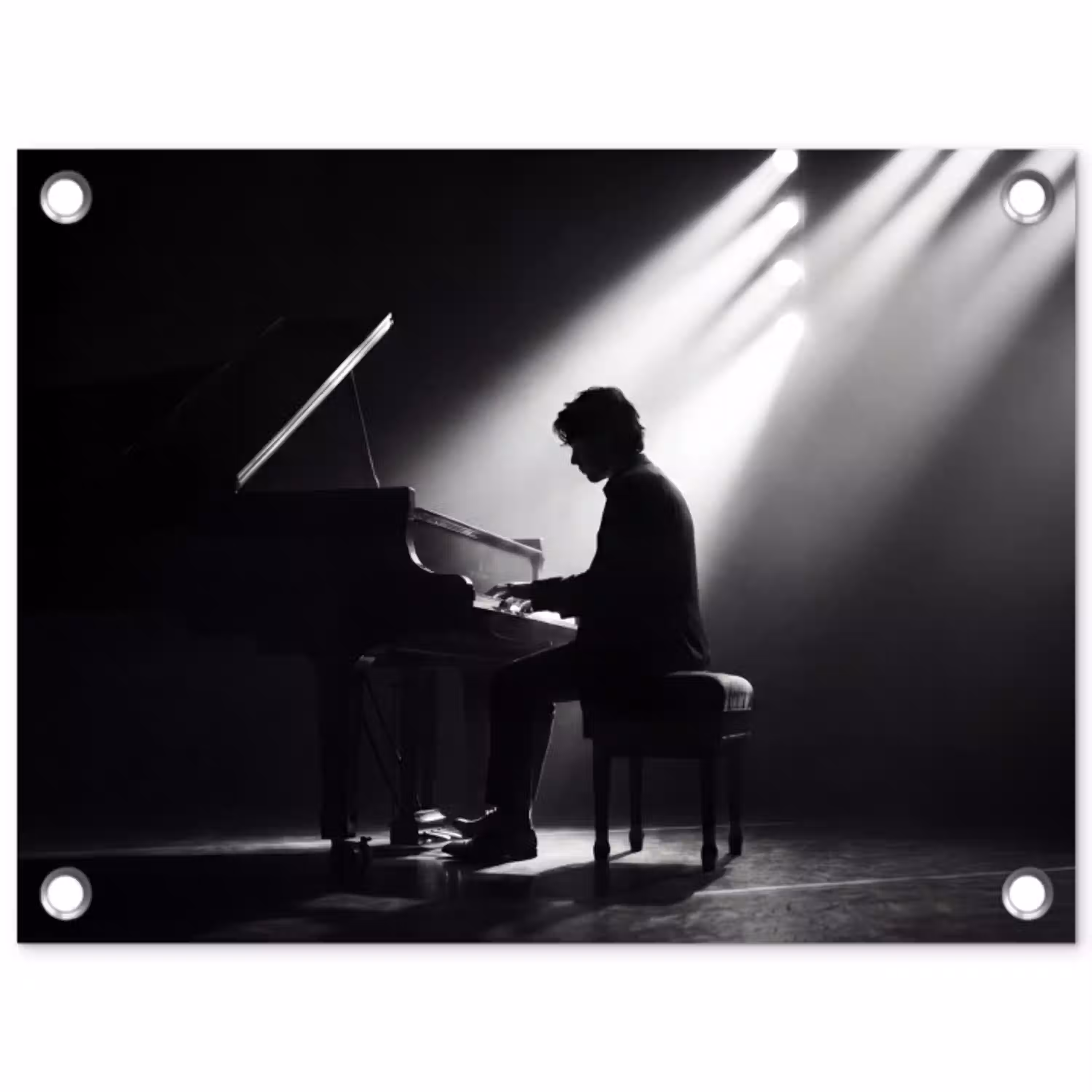 Persoon - Piano - Muziek - Zwart-wit - Podium tuinposter los doek klein -3d