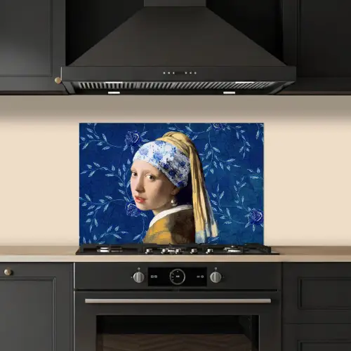 Meisje met de parel - Delfts blauw - Vermeer - Bloemen - Schilderij - Oude meesters keuken achterwand spatscherm klein -sfeer1
