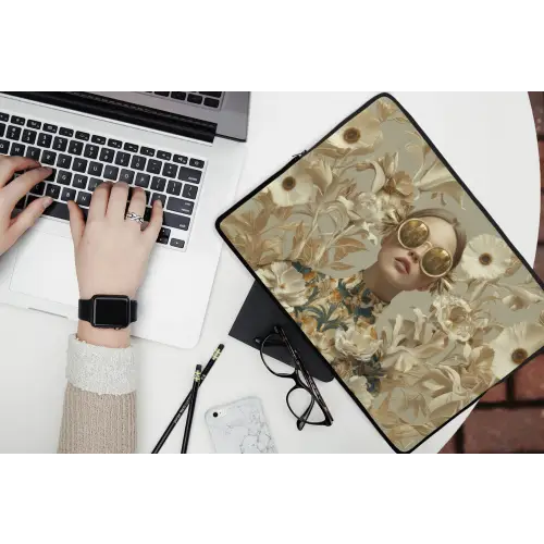 Vrouw - Bloemen - Zonnebril - Wit laptophoes neopreen klein -bureau