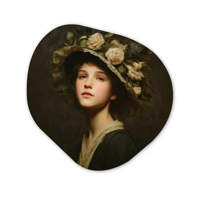 Bloemenhoed - Portret - Vrouw Wandcirkel Organisch Forex 3mm klein -3d