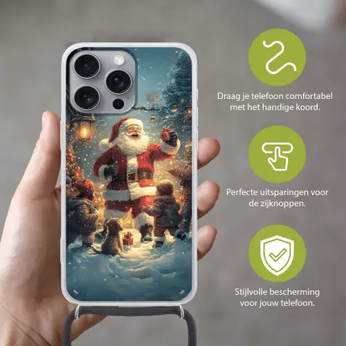 Kerstvreugde - Sneeuw - Kleurrijk Hoesje iPhone 16 Pro Max met koord klein -sfeer2_NL