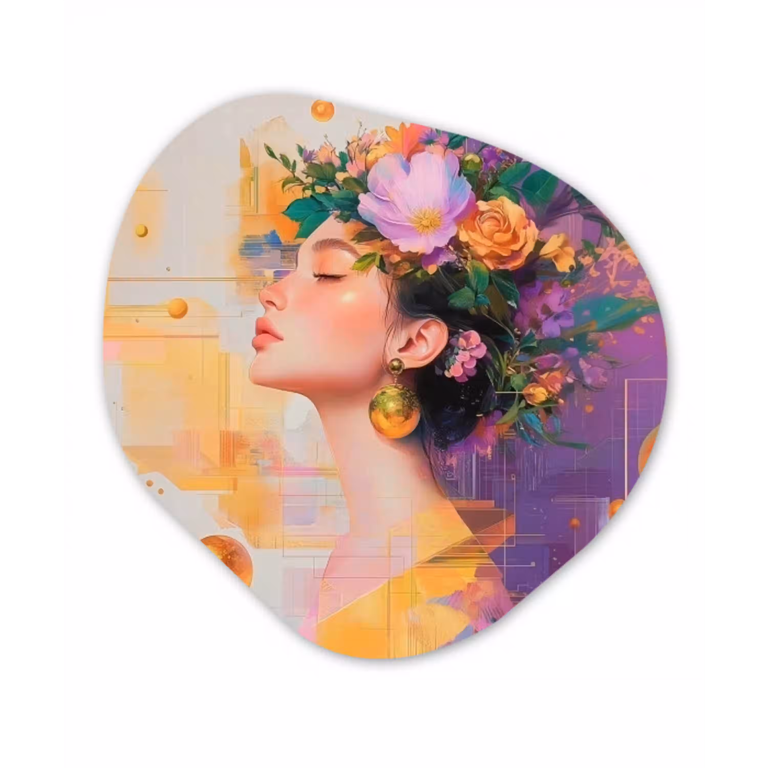 Abstract - Vrouw - Bloemenkroon - Goud Wandcirkel Organisch Plexiglas middel -3d