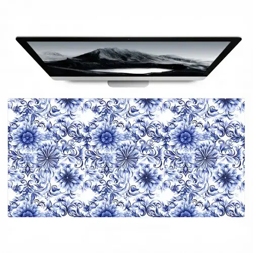 Bloemen - Blauw - Patroon - Wit Muismat XXL klein 681 -zzz3d