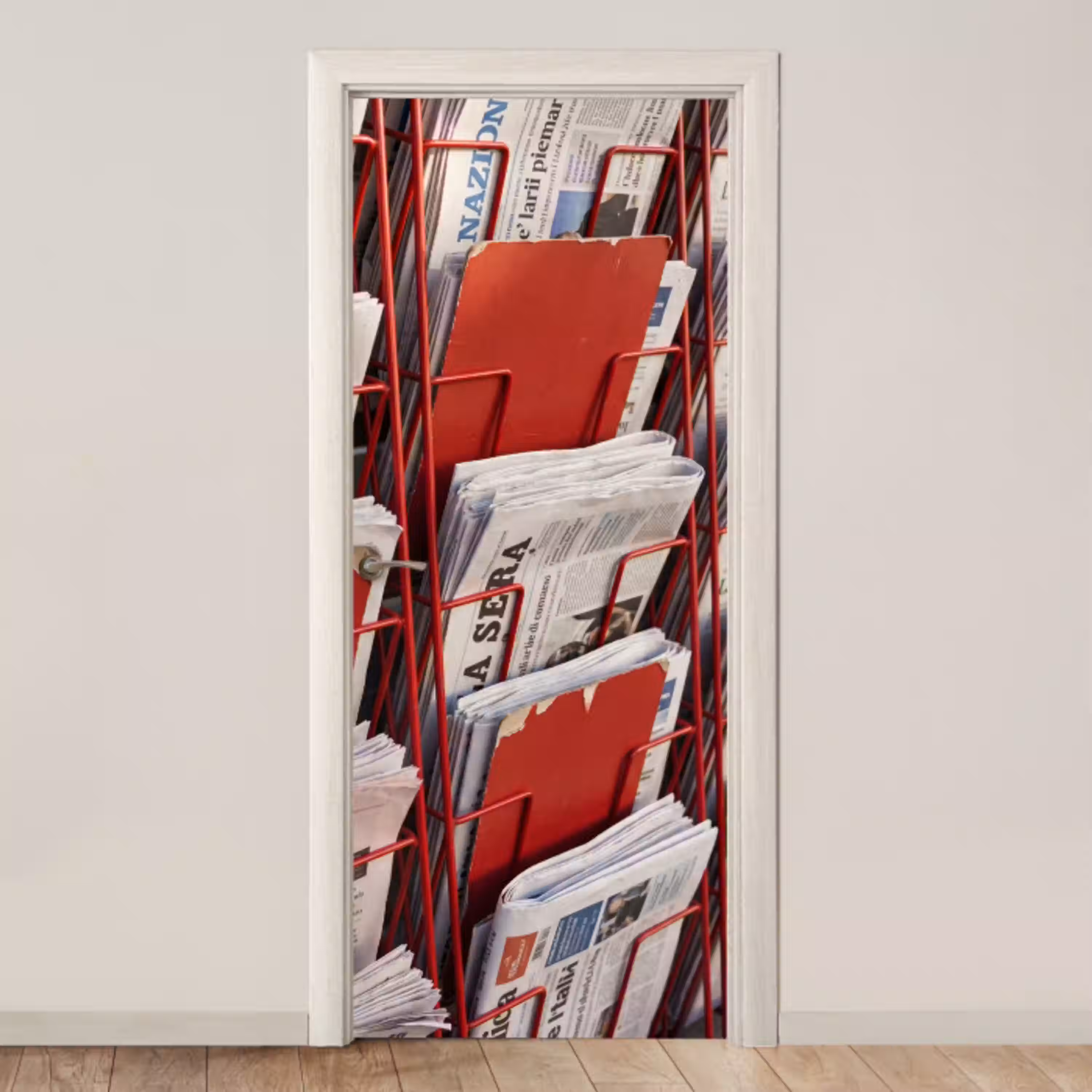 Kranten - Rek - Stedelijk - Dagelijks leven - Rood deurposter klein -3d_beige