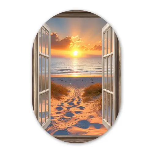 Doorkijk - Strand - Duinen - Zonsondergang Wandcirkel Ovaal Glas middel -3d