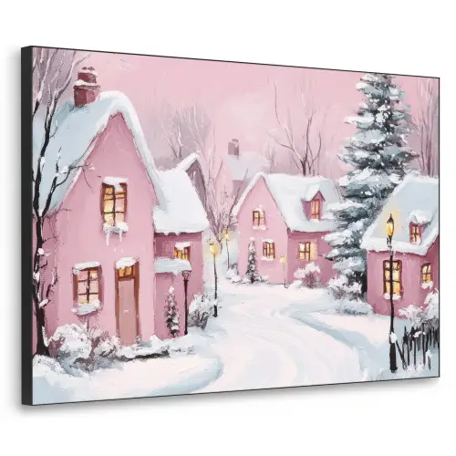 Kerstdorp - Roze - Winter - Sneeuw - Huizen Textielframe zwart klein -3d