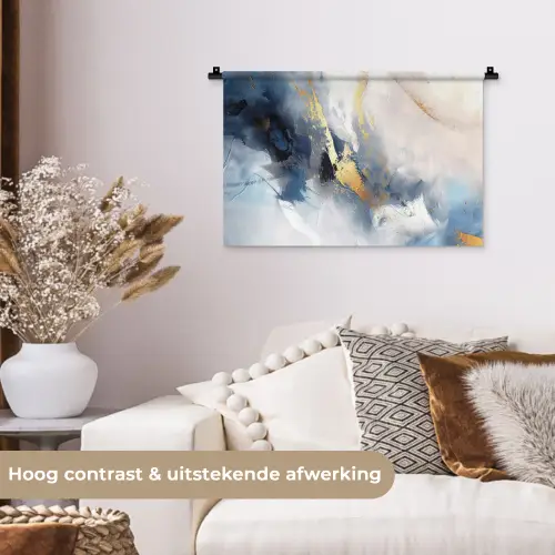 Blauw - Modern - Marmer - Abstract - Goud Wandkleed katoen klein -sfeer1