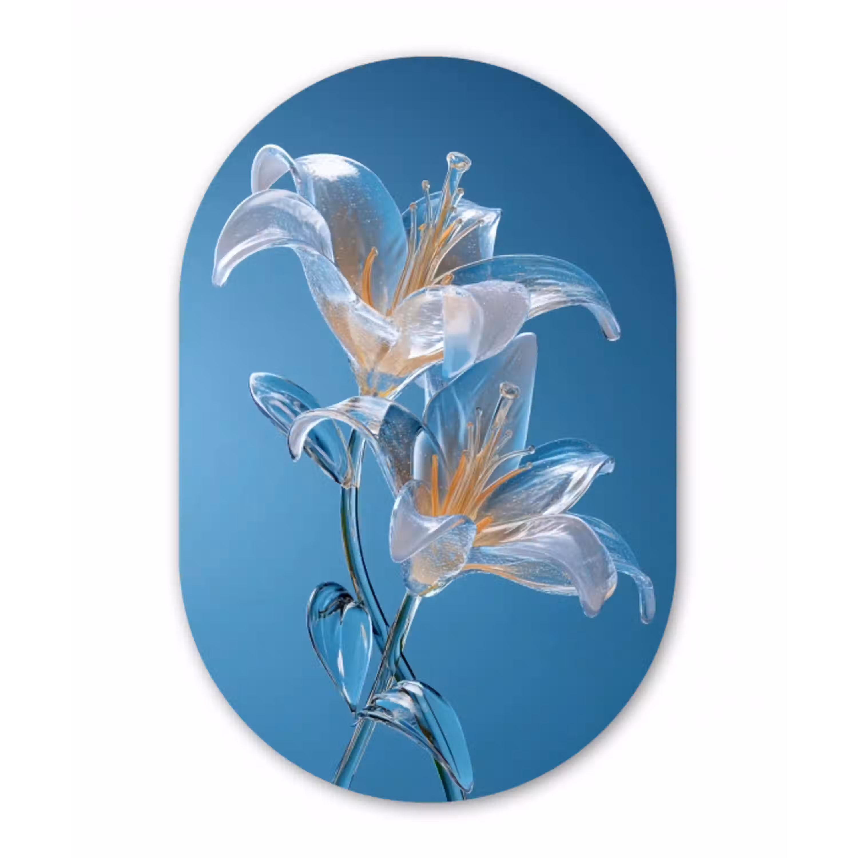 Lelies - Blauw - Glazen Wandcirkel Ovaal Aluminium middel -3d