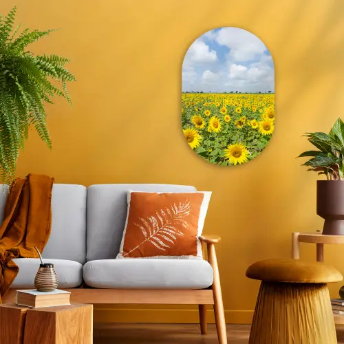 Zonnebloemen - Wolken - Natuur Wandcirkel Ovaal Forex klein -sfeer4