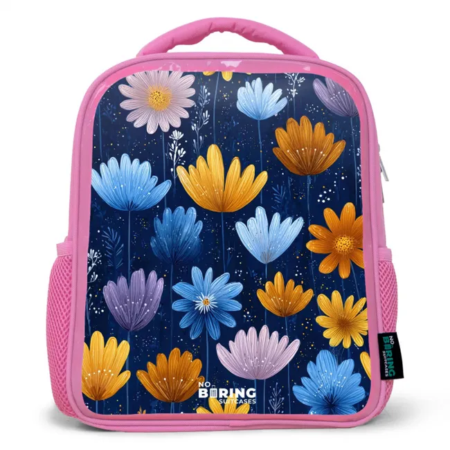 Bloemen op een donkerblauwe achtergrond Kinderrugzak - Roze middel -3d