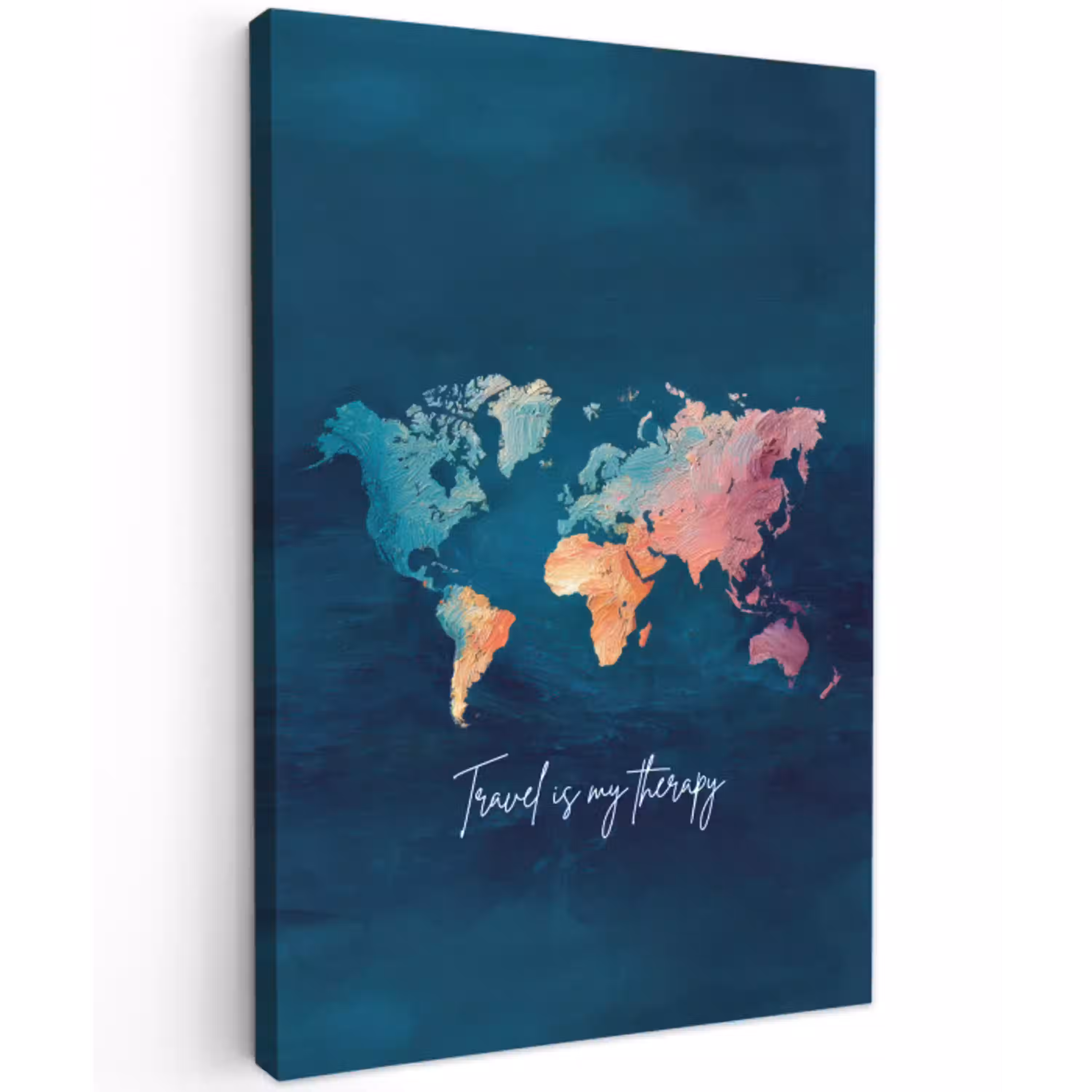 Wereldkaart - Geschilderd - Blauw - Travel Tuinposter op houten frame 2 cm dik middel -3d