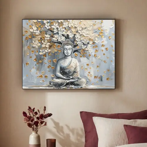 Boeddha - Bloemen - Boom - Goud - Modern Textielframe - compleet frame klein -sfeer1