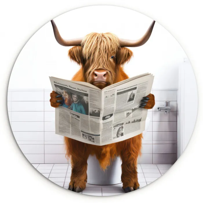 Schotse hooglander - Krant - Toilet - WC - Wit - Koe Wandcirkel kunststof plaat 5mm dik klein -3d