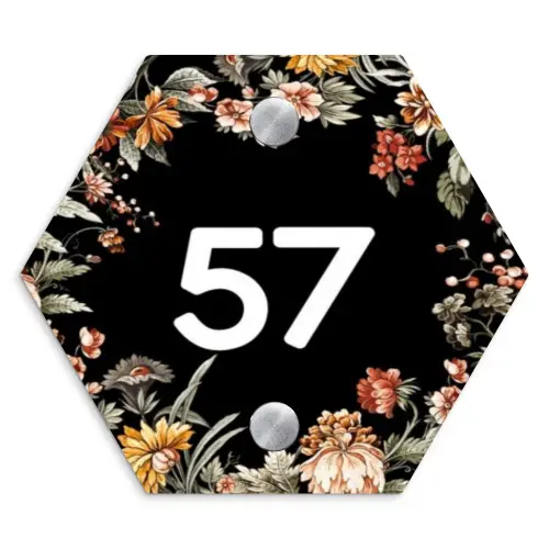 Bloemen - Zwart - Traditioneel Naambord Hexagon klein -3d