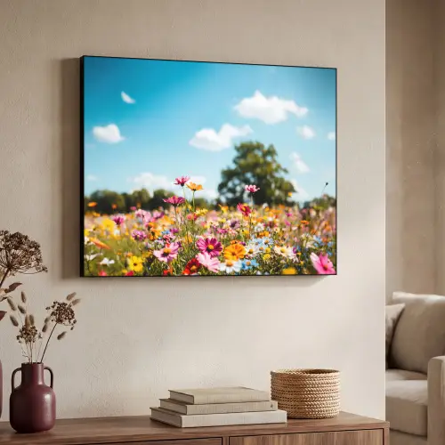 Bloemenweide - Blauw - Lucht - Kleuren Textielframe zwart klein -sfeer3