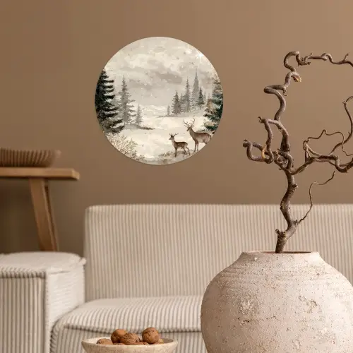 Bos - Herten - Winter - Sneeuw Wandcirkel behangsticker klein -sfeer1