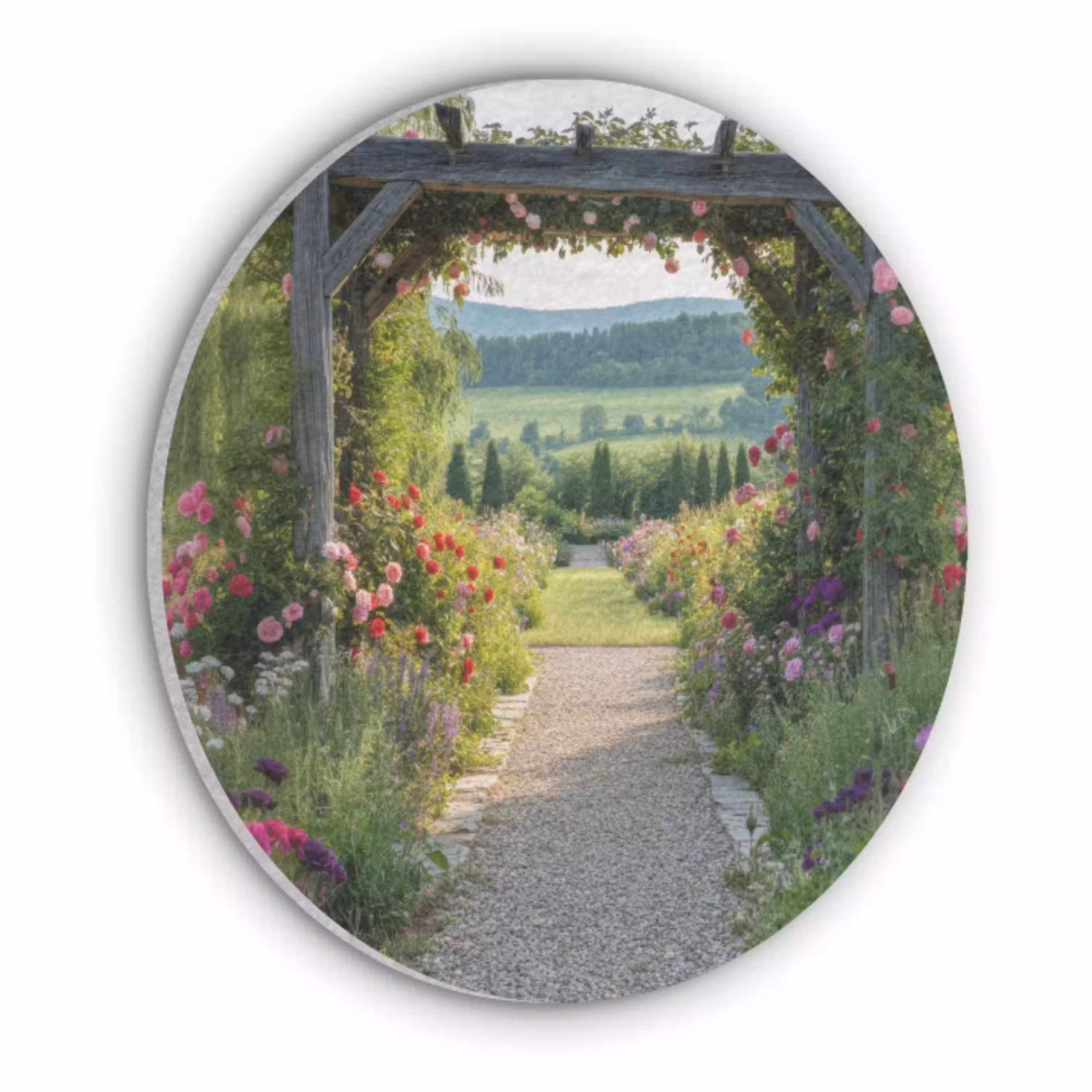 Doorkijk - Landschap - Natuur - Tuinboog - Bloemen Akoestische PET Vilt - Rond klein -3d