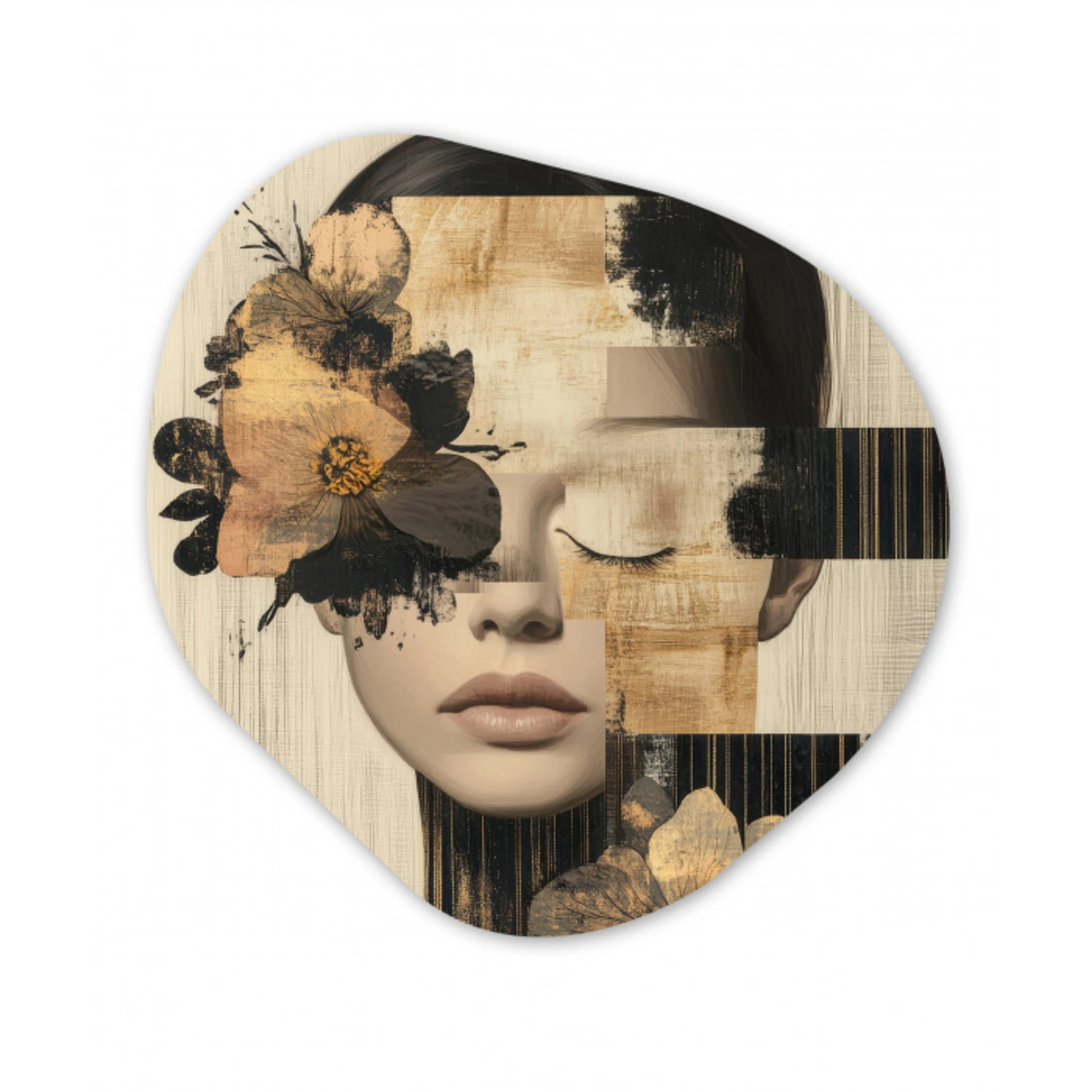 Gezicht - Bloemen - Zwart - Vrouw Wandcirkel Organisch Plexiglas middel -3d