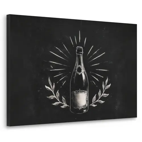 Champagnefles - Lauriertakken - Zwarte achtergrond Textielframe zwart klein -3d