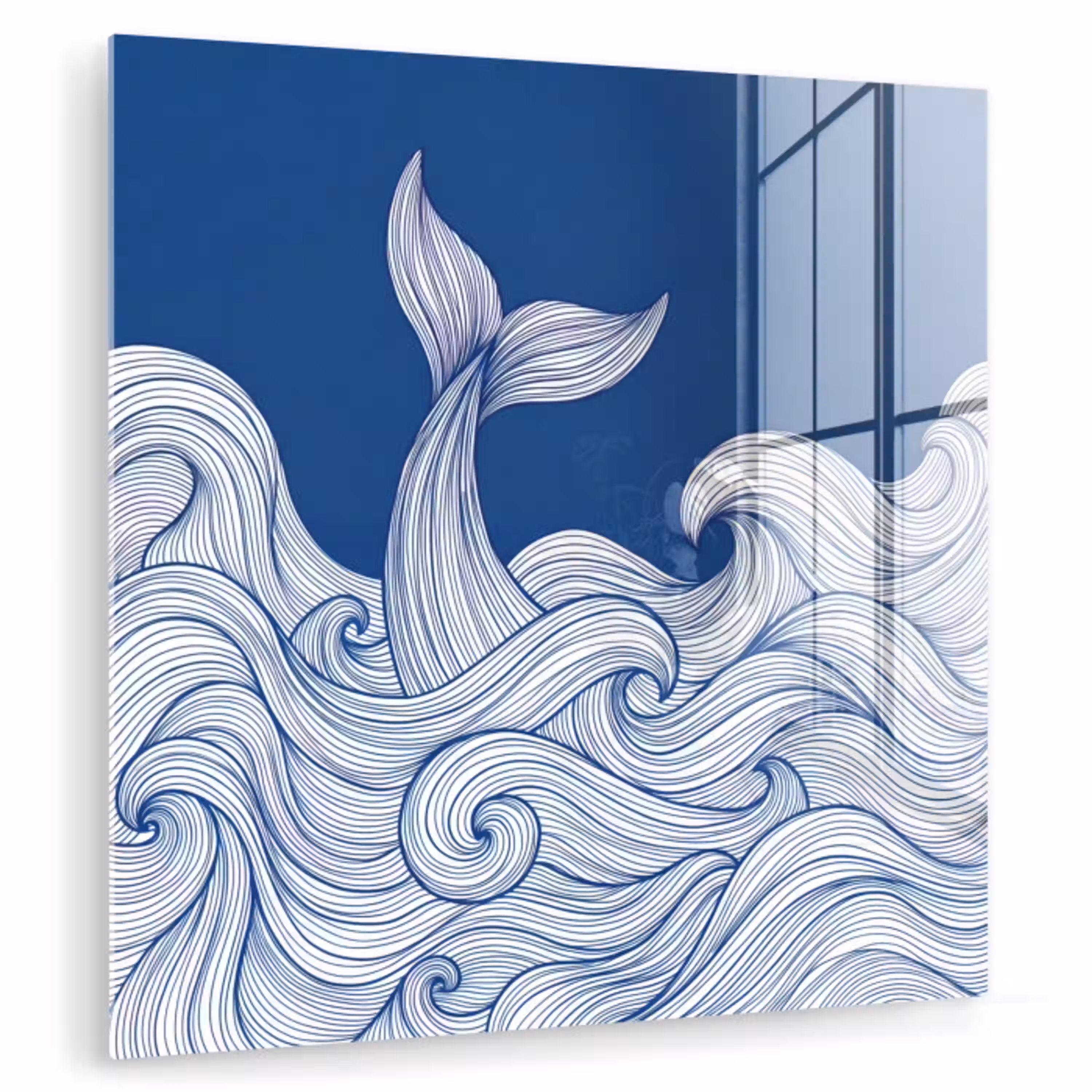 Walvis - Staart - Golven - Lijntekening - Blauw plexiglas 5mm klein -zzzproduct_nieuw
