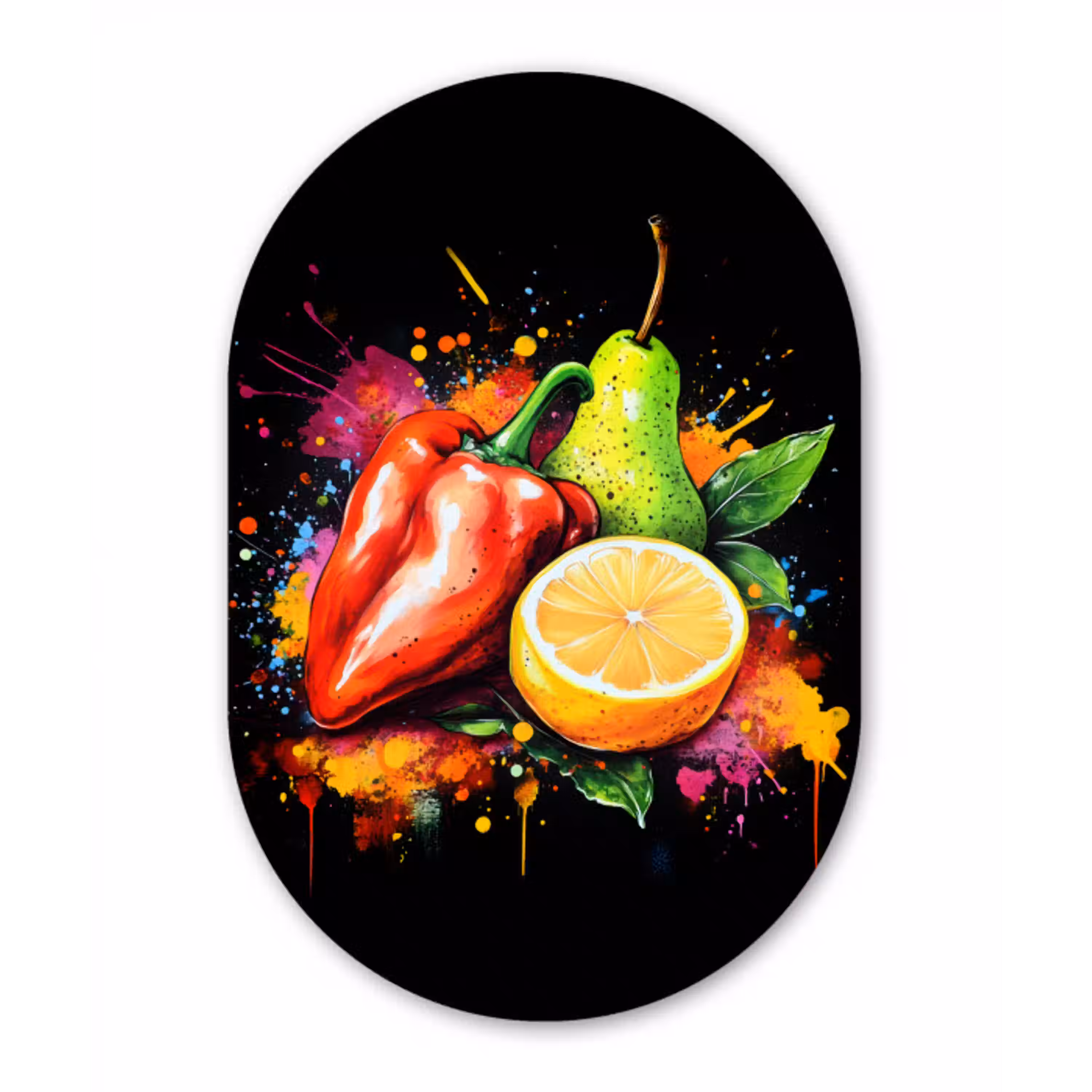 Paprika - Peer - Citroen - Graffiti - Verf - Abstract Wandcirkel Ovaal Glas middel -3d