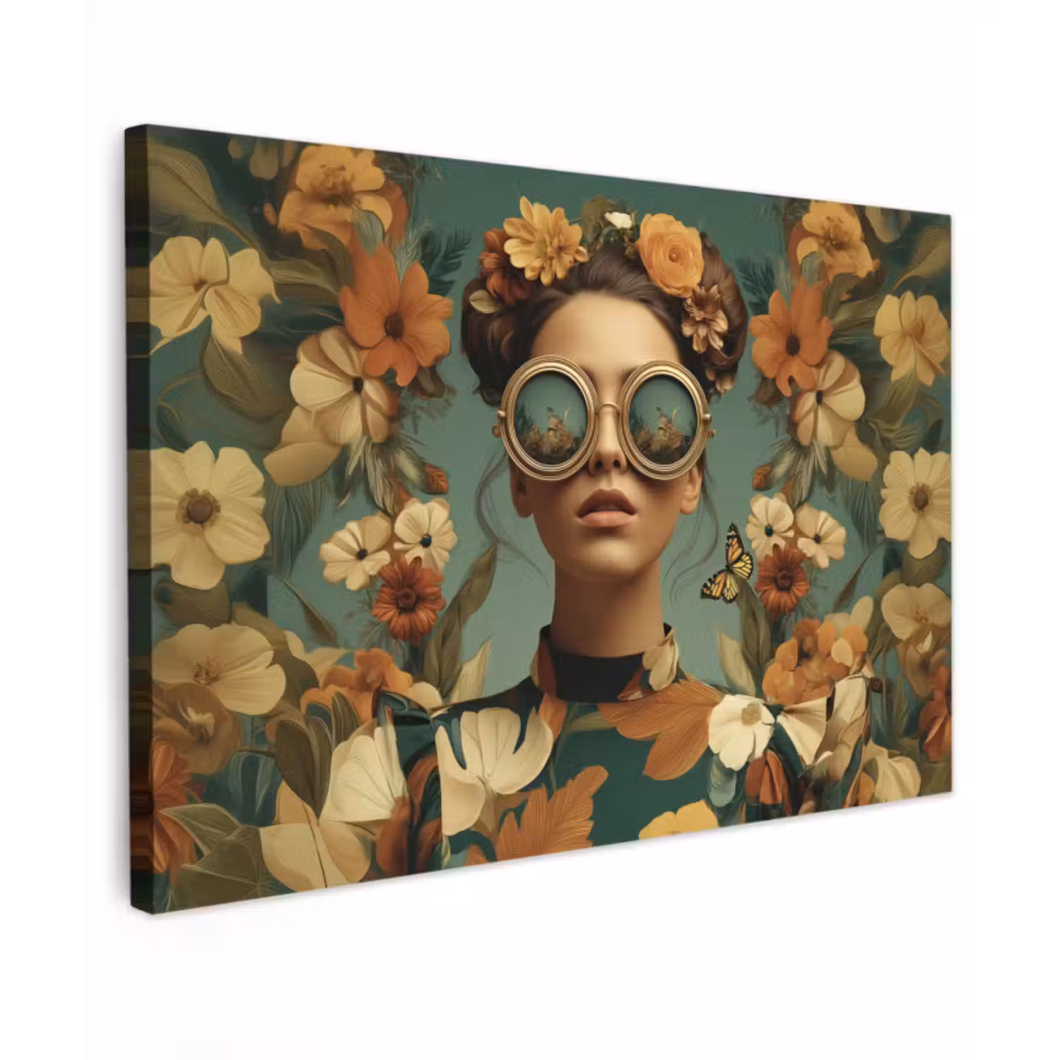 Canvas schilderij - Bloemenkrans - Vrouwengezicht - Zonnebril - Oranje