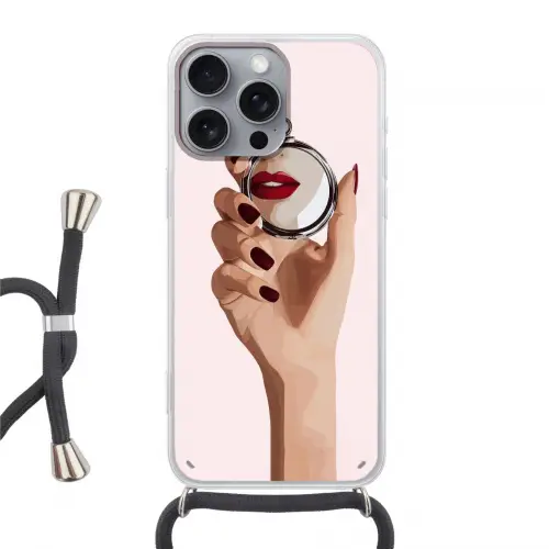 Spiegel - Rode lippen Hoesje iPhone 16 Pro Max met koord klein -3d