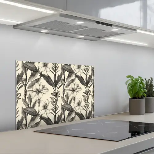 Klassiek - Botanisch - Zwart - Beige keuken achterwand spatscherm klein 900 -3d_schuin