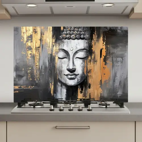 Boedhha - Penseelstreken - Goud - Abstract keuken achterwand spatscherm klein -3d_website