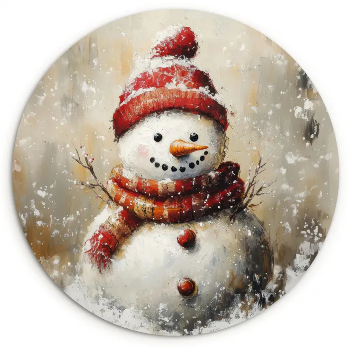 Sneeuwpop - Winter - Sneeuw - Beige Wandcirkel kunststof plaat 5mm dik klein -3d