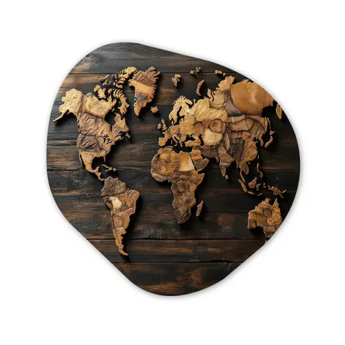 Wereldkaart -  Hout - Mozaïek Wandcirkel Organisch Plexiglas middel -3d