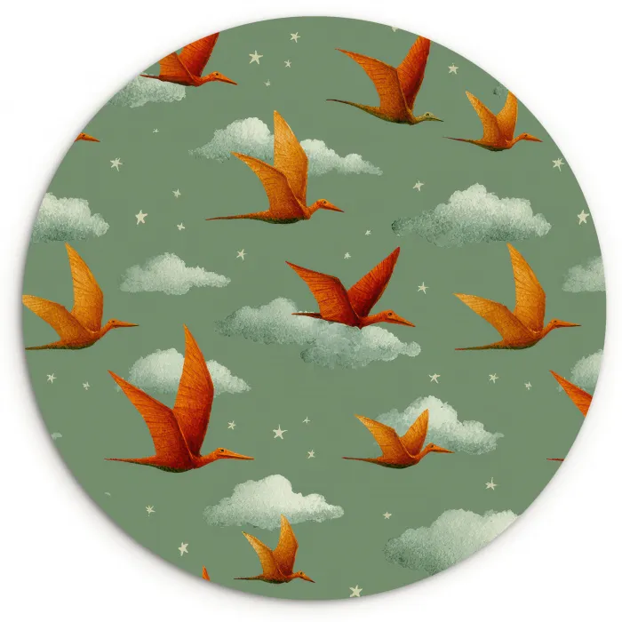 Dinosaurussen - Wolken - Sterren - Oranje Wandcirkel kunststof plaat 5mm dik klein -3d