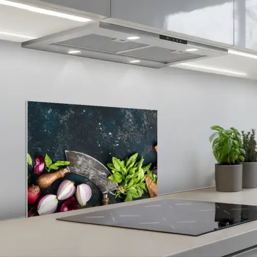 Koksmes en Verse Ingrediënten keuken achterwand spatscherm klein -3d_schuin