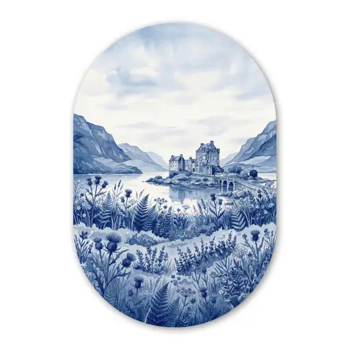 Schots - Kasteel - Blauw - Aquarel Wandcirkel Ovaal Forex klein -3d
