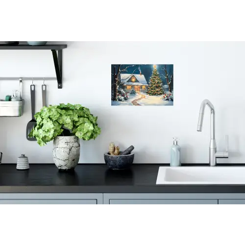 Kerst - Kerstboom - Winter - Huis - Sneeuw Muursticker klein -keuken