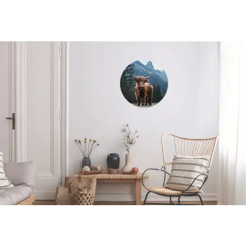 Schotse hooglander - Berg - Landschap - Bomen - Koe - Natuur Wandcirkel aluminium klein -woonkamer