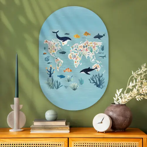 Wereldkaart - Zeeleven - Blauw Wandcirkel Ovaal Glas middel -sfeer2