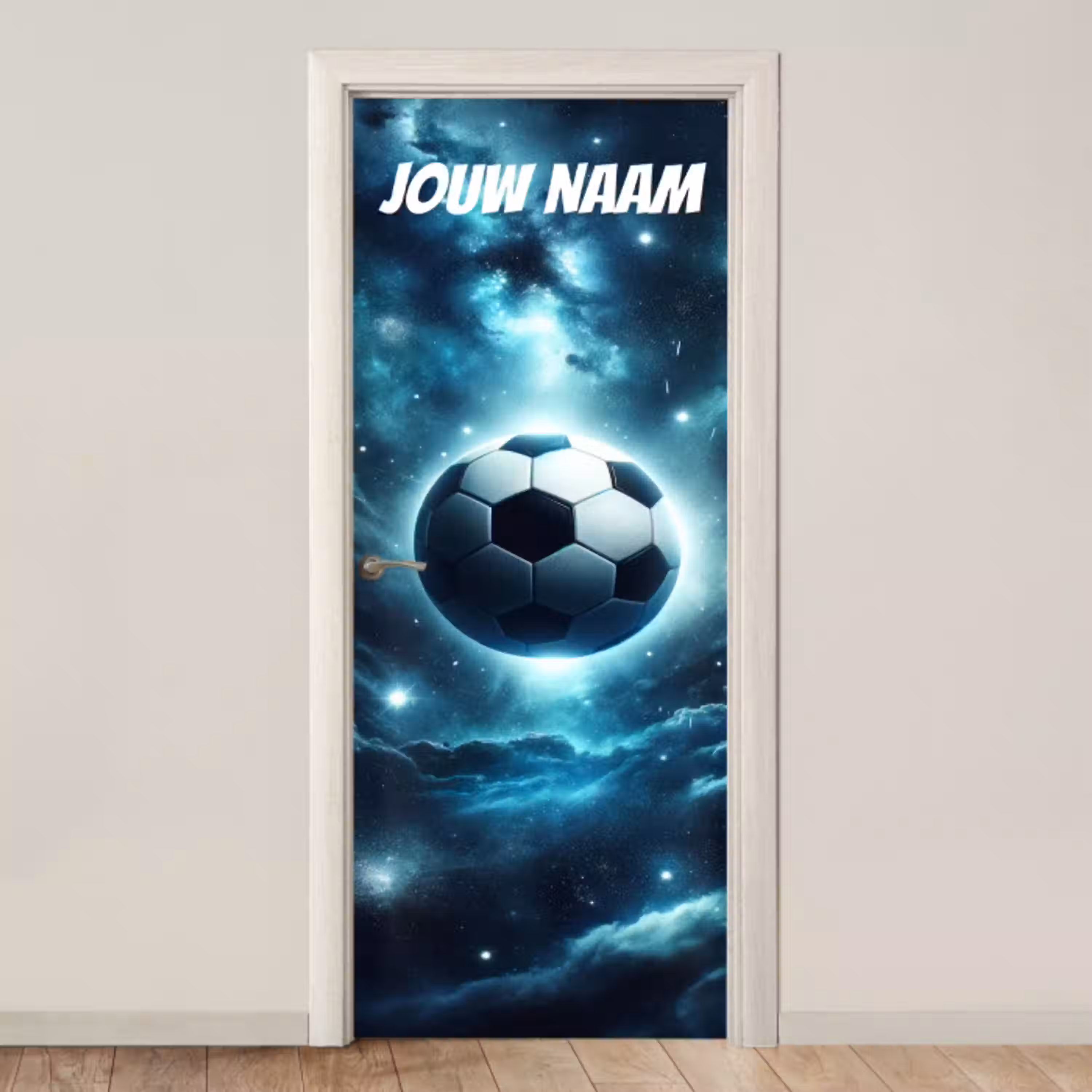 Zwevende voetbal in de ruimte met sterren en personaliseerbare tekst bovenaan. deurposter klein -3d_beige