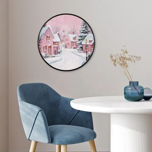 Kerstdorp - Roze - Winter - Sneeuw - Huizen Fotolijst rond zonder passe partout klein -sfeer2