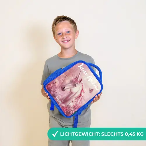 Eenhoorn - Roze - Vlinder - Bloemen Kinderrugzak - Blauw middel -sfeer1_NL